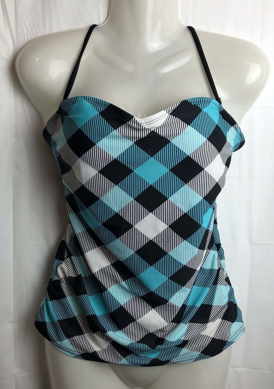 Hobie Tankini Top Women S Blue Plaid Halter Ruched Sides Padded Swim Stretch Top